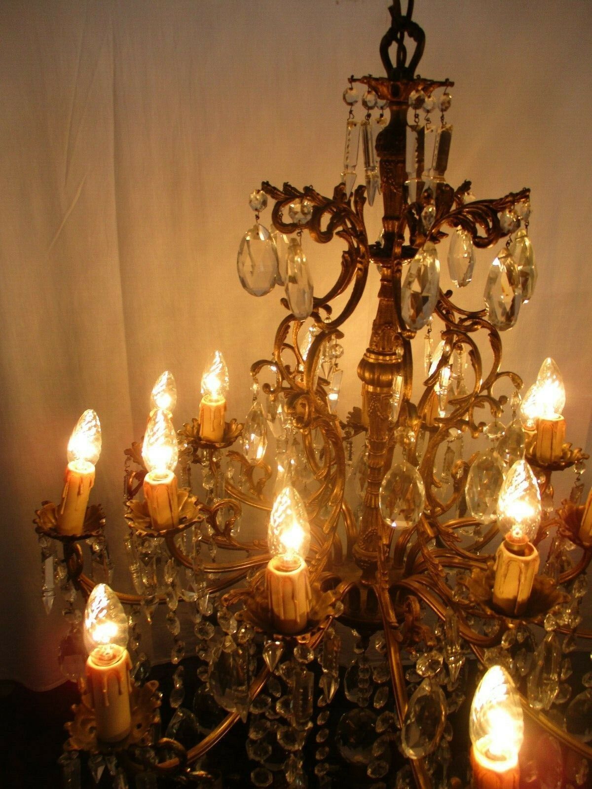 Impressive French Bronze Chandelier Crystal Prisms 16 Lights! Waterfall Htf photo Lighting