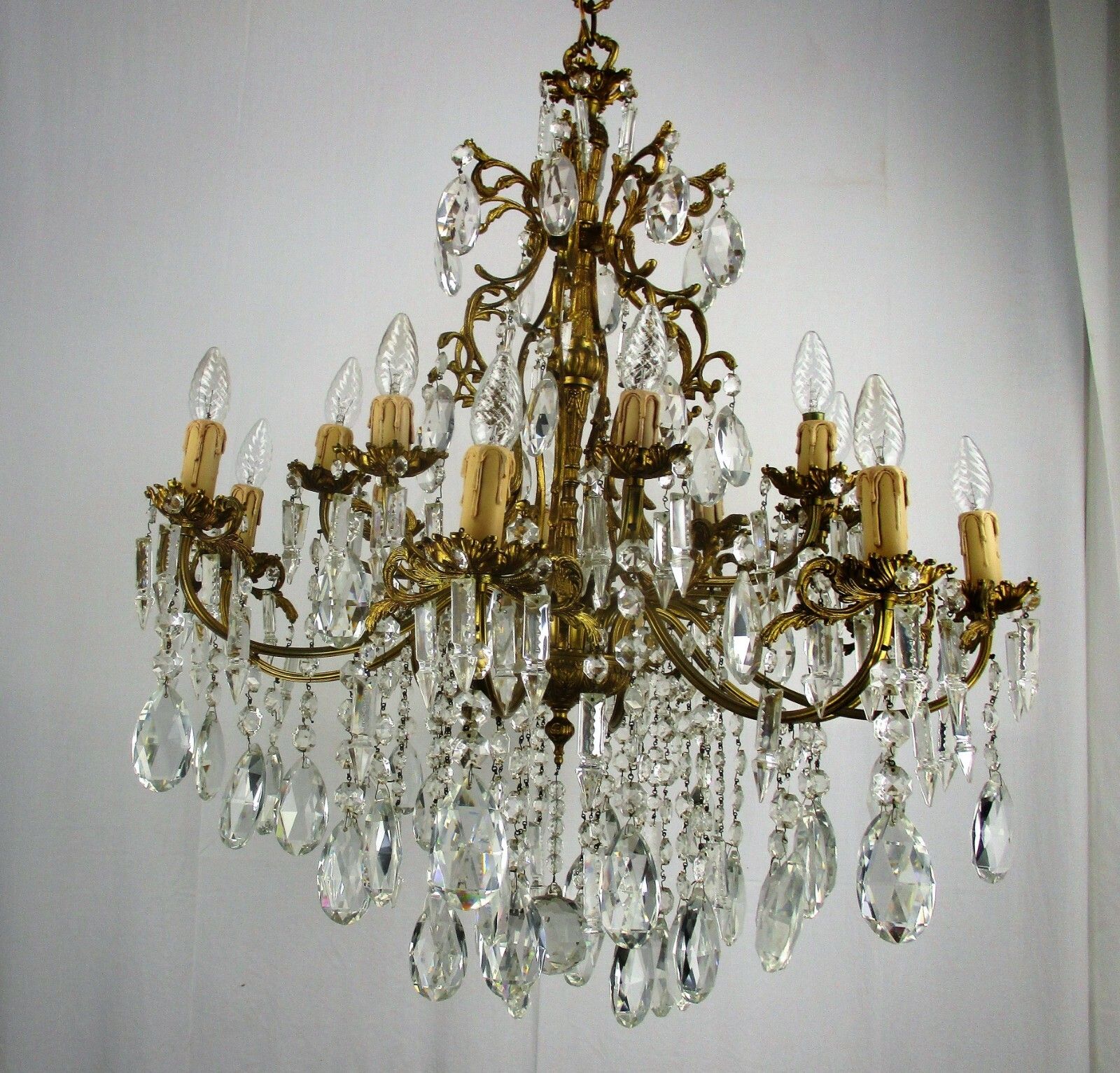 Impressive French Bronze Chandelier Crystal Prisms 16 Lights! Waterfall Htf photo vinterior