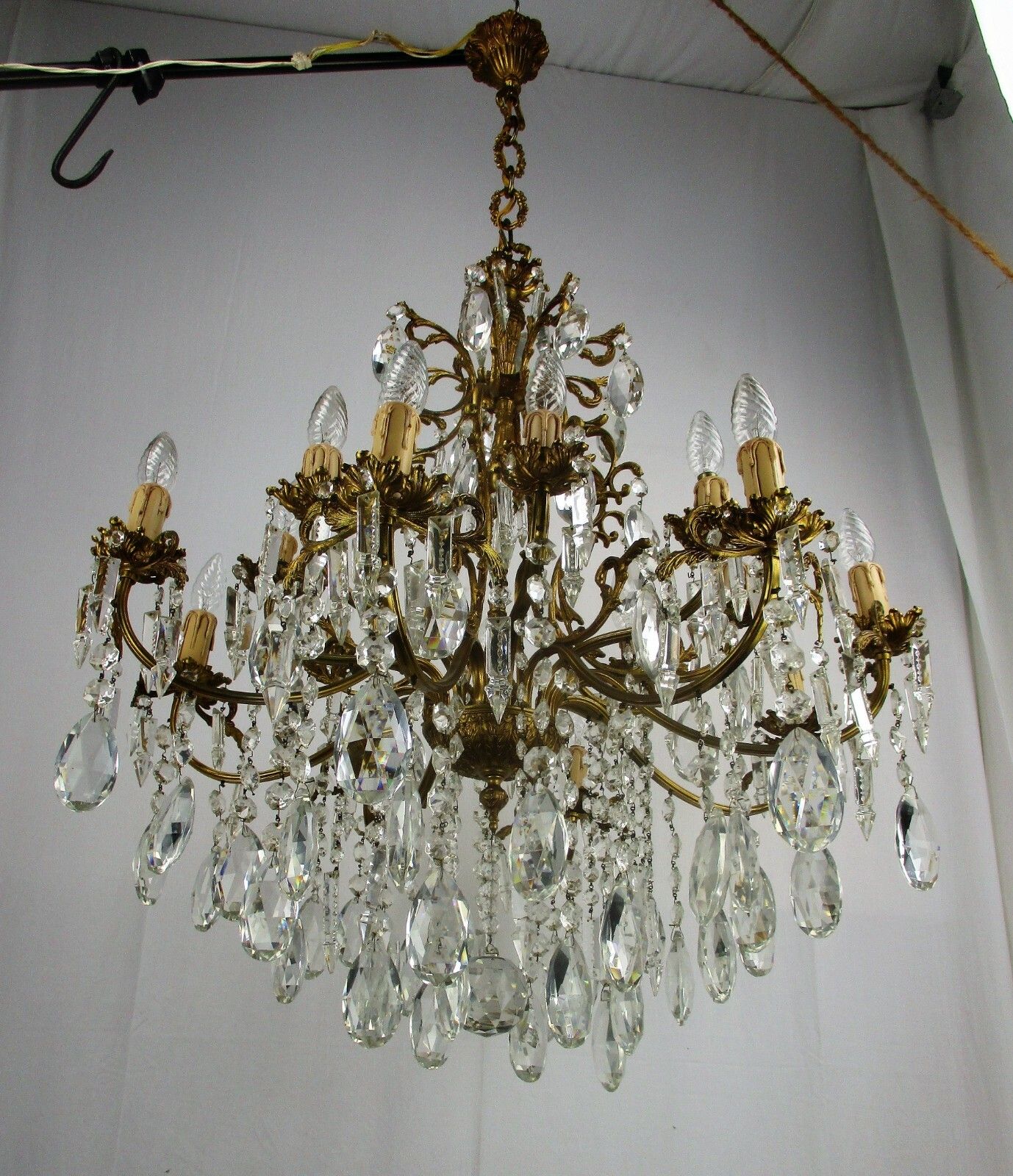 Impressive French Bronze Chandelier Crystal Prisms 16 Lights! Waterfall Htf photo vintage