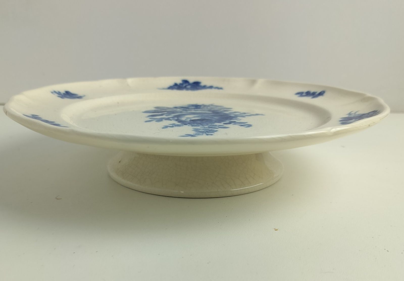 Antique 1900 Cake Stand Boch Mettlach Rare Blue Rose Pedestal Plate photo for sale