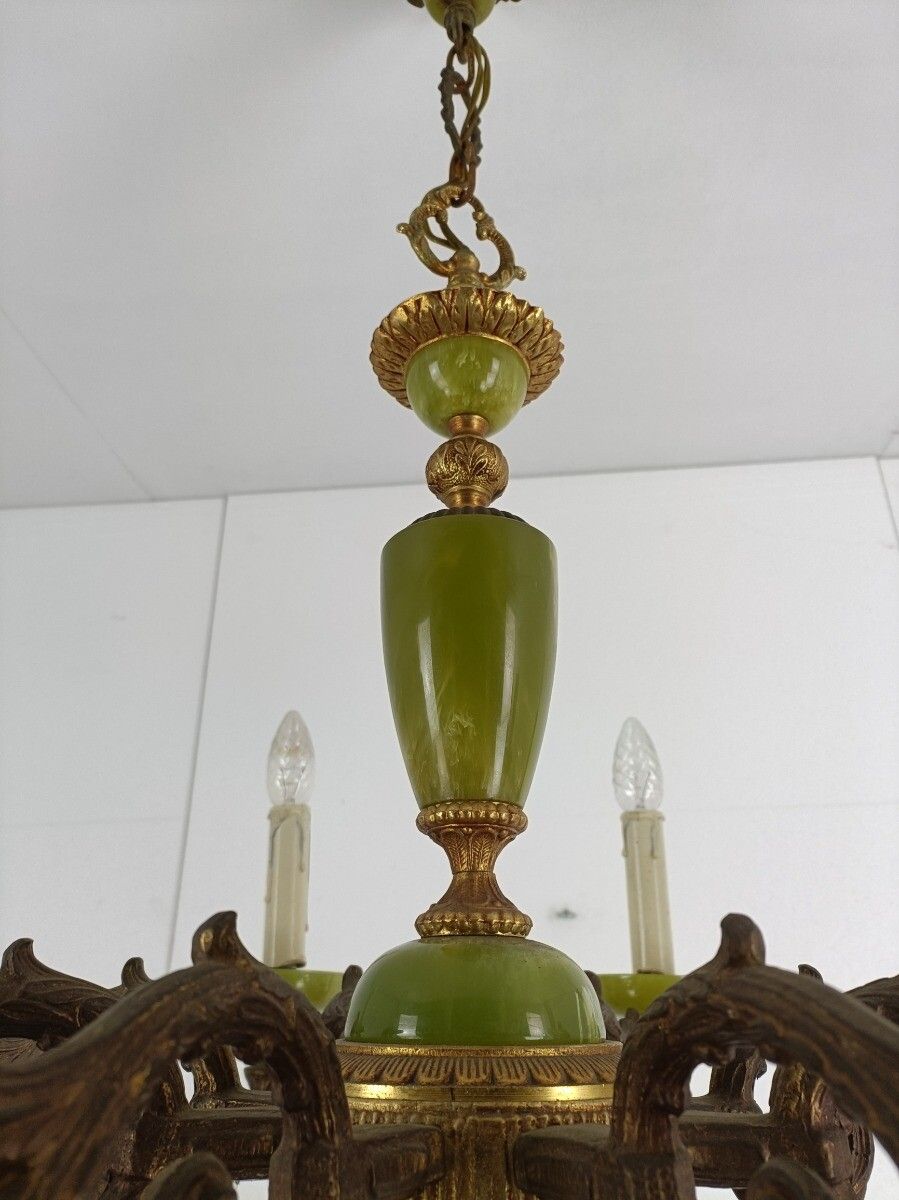 Chandelier 8 Arms Lights Hollywood Regency Brass Faux Marble Chandelier Vintage photo vintage