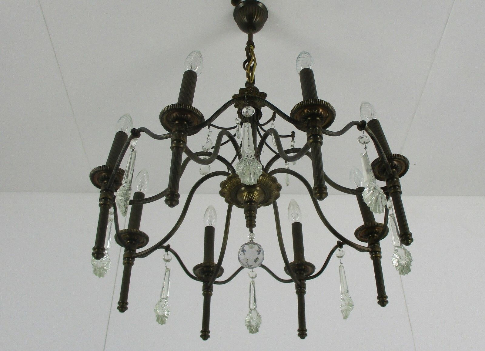 Chandelier 8 Lights Arms  Hollywood Regency Spelter Chandelier Crystal Prisms photo for sale