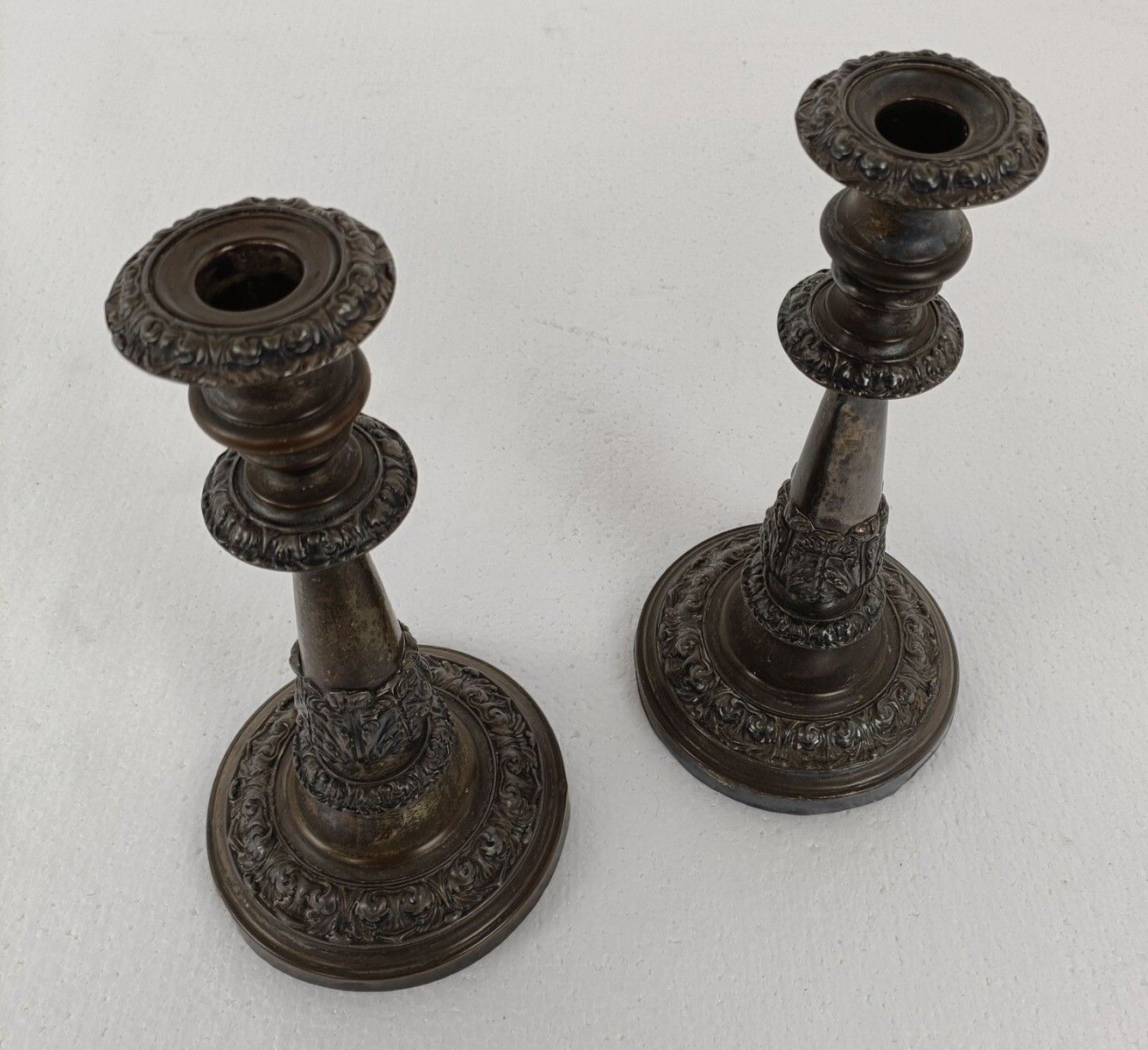 Pair Couple Silver Plated Antique 19th Century Red Copper Candle Holders Sticks photo for sale