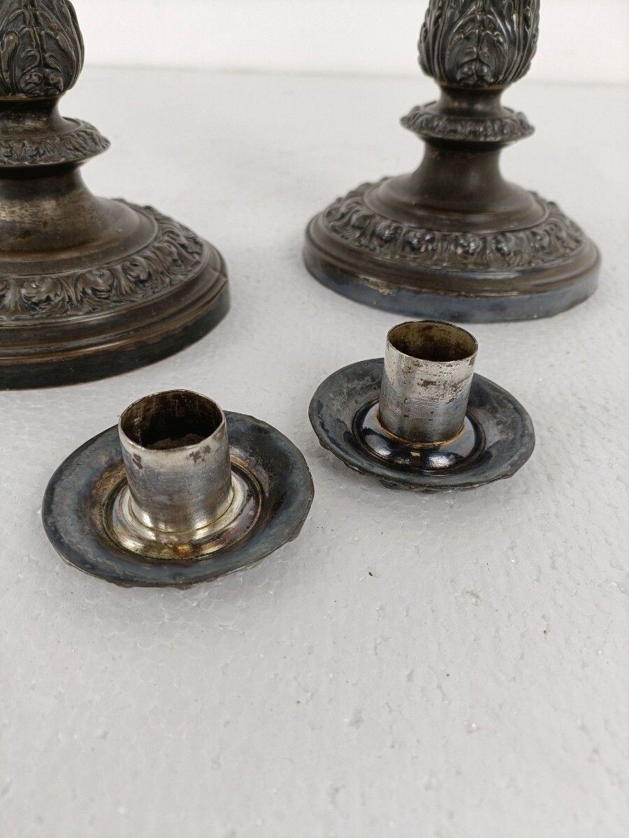 Pair Couple Silver Plated Antique 19th Century Red Copper Candle Holders Sticks photo vinterior