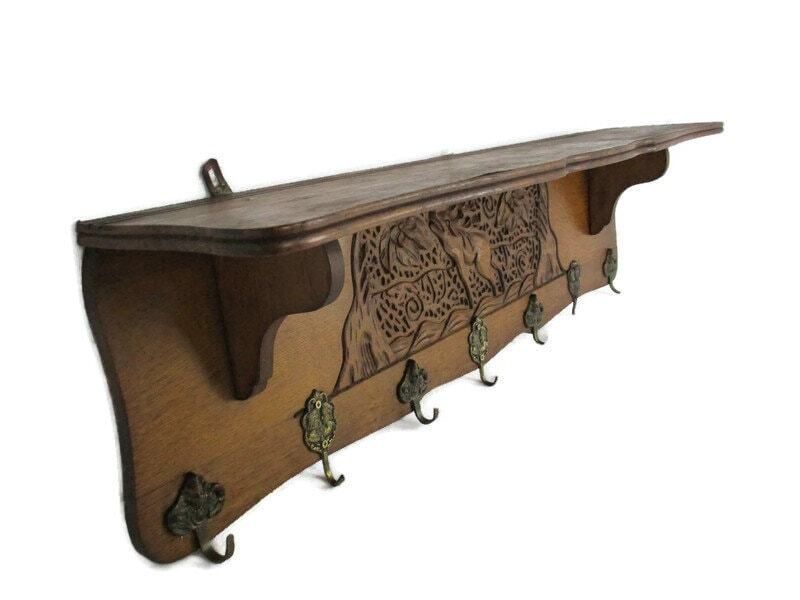 Gorgeous Vintage Hand Carved Wood Coat Kitchen Hat Rack Mid Century Small Deer