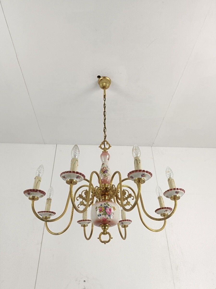 Chandelier 8 Arms Lights Ceramic Porcelain Ceramic Brass Italian Pink Flowers photo buy