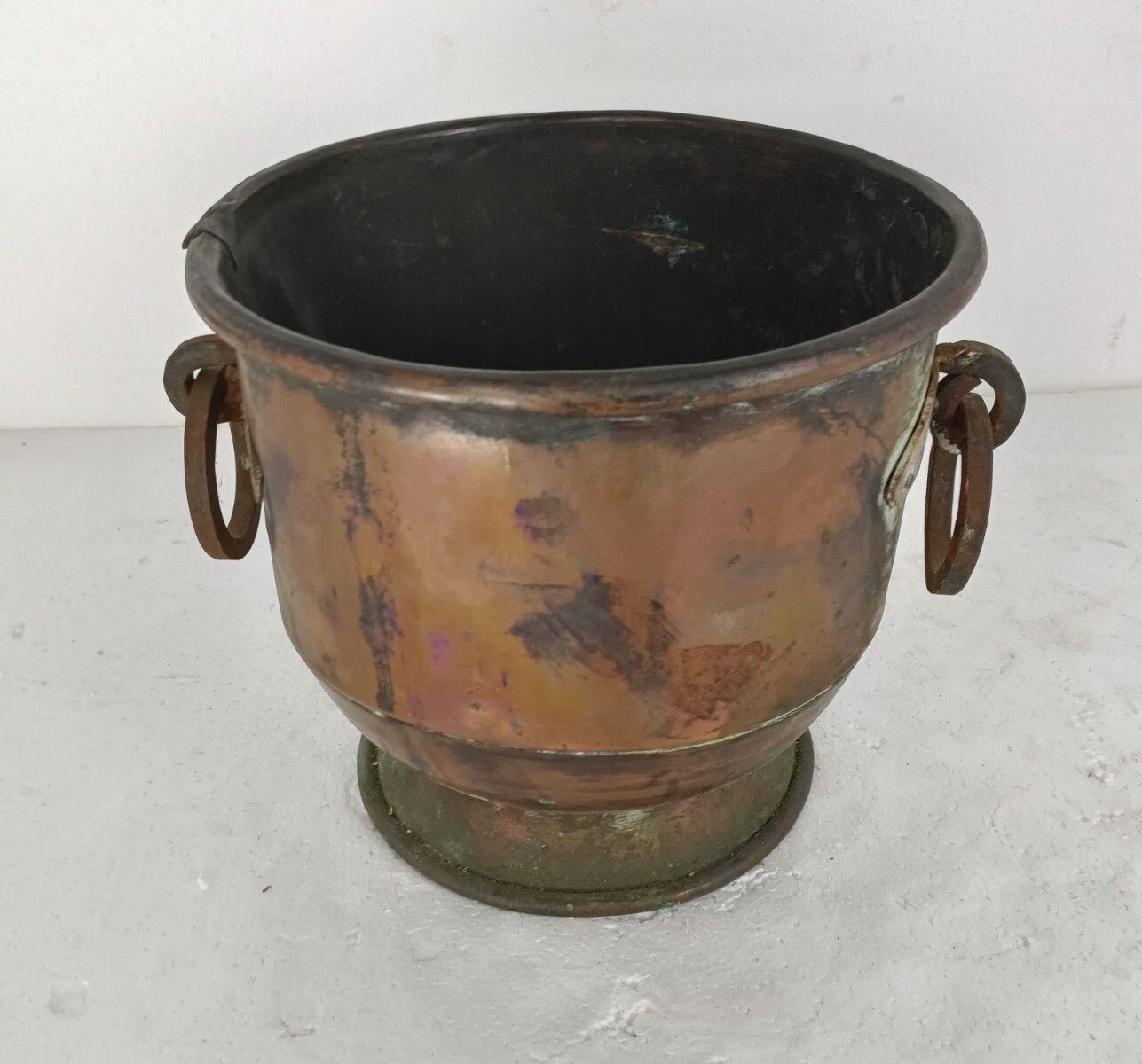 Antique Large Kettle Flower Pot Planter Handles Iron Trims Large Copper Rustic B photo furniture