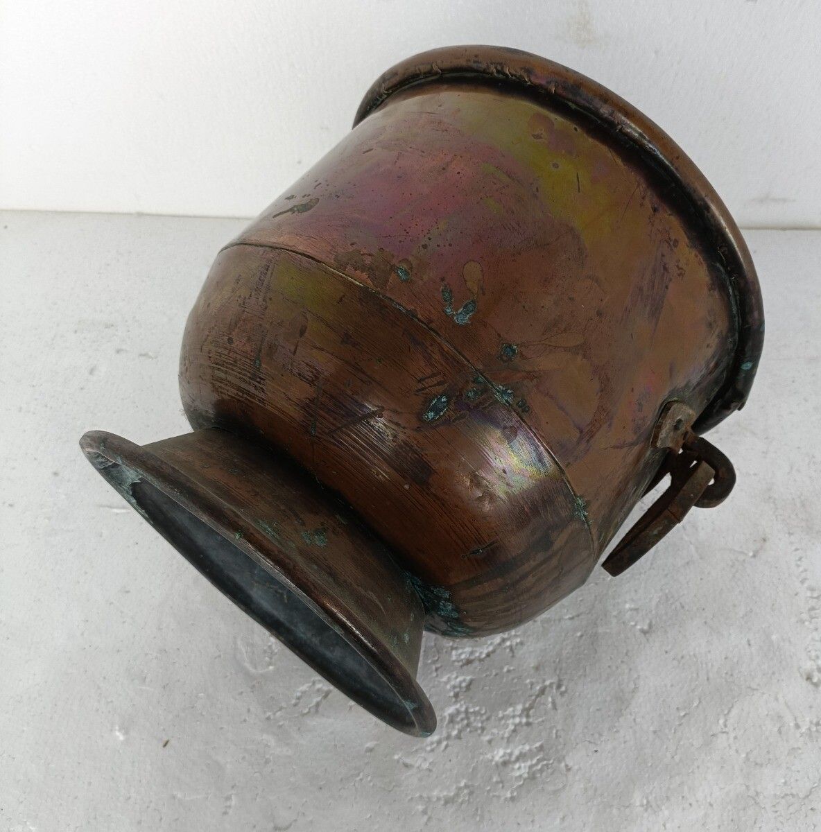 Antique Large Kettle Flower Pot Planter Handles Iron Trims Large Copper Rustic B photo vinterior