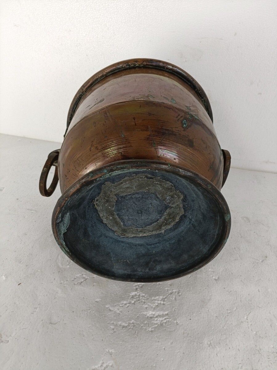 Antique Large Kettle Flower Pot Planter Handles Iron Trims Large Copper Rustic B photo buy