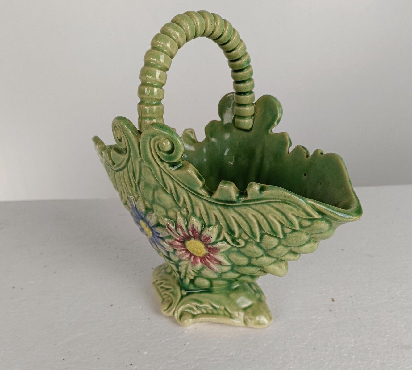 Basket Planter French Pottery Faience Majolica Green Cachepot Lovely Antique photo for sale