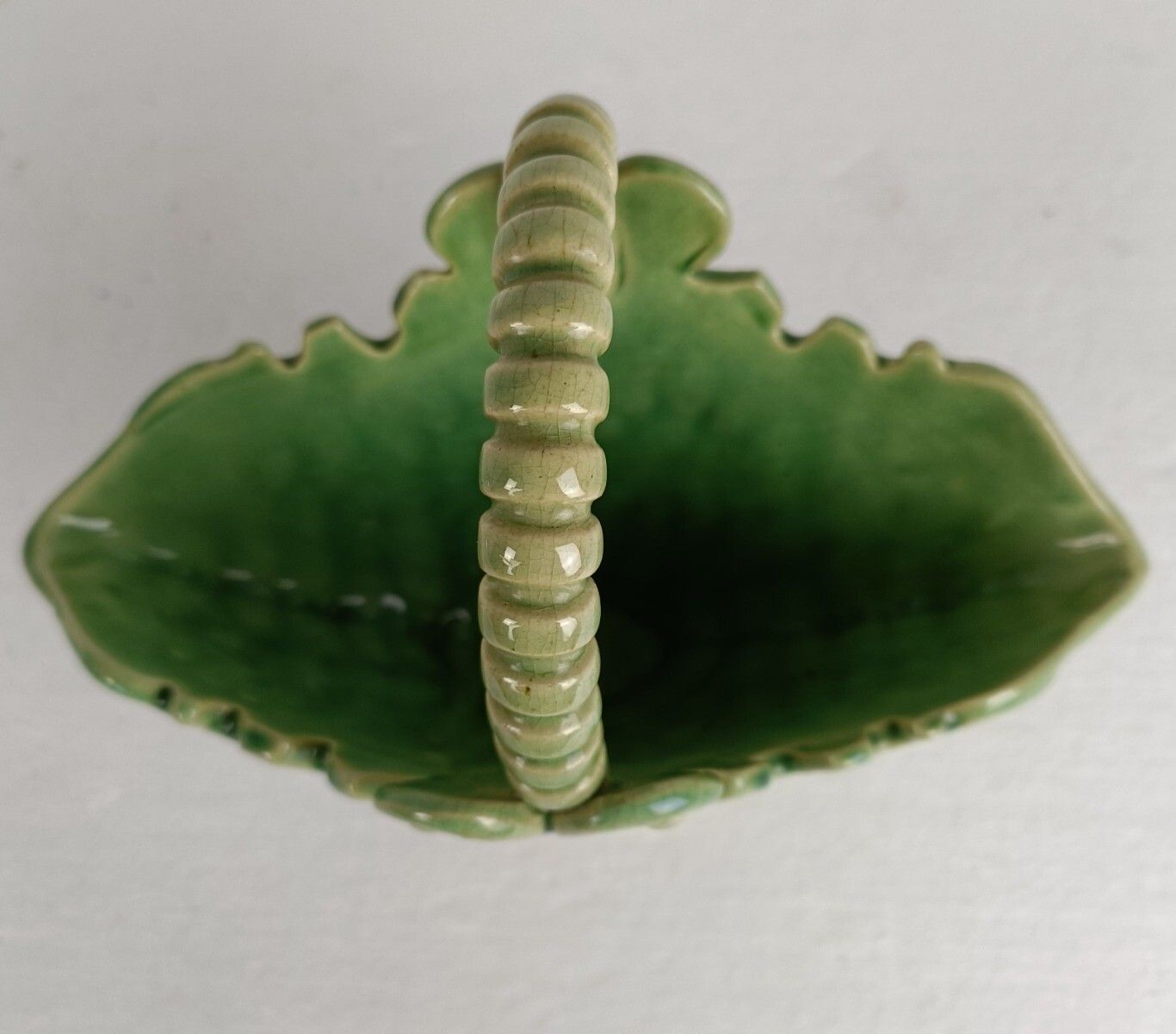 Basket Planter French Pottery Faience Majolica Green Cachepot Lovely Antique photo 61.0