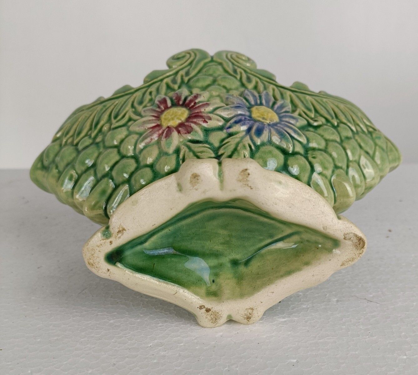 Basket Planter French Pottery Faience Majolica Green Cachepot Lovely Antique photo buy
