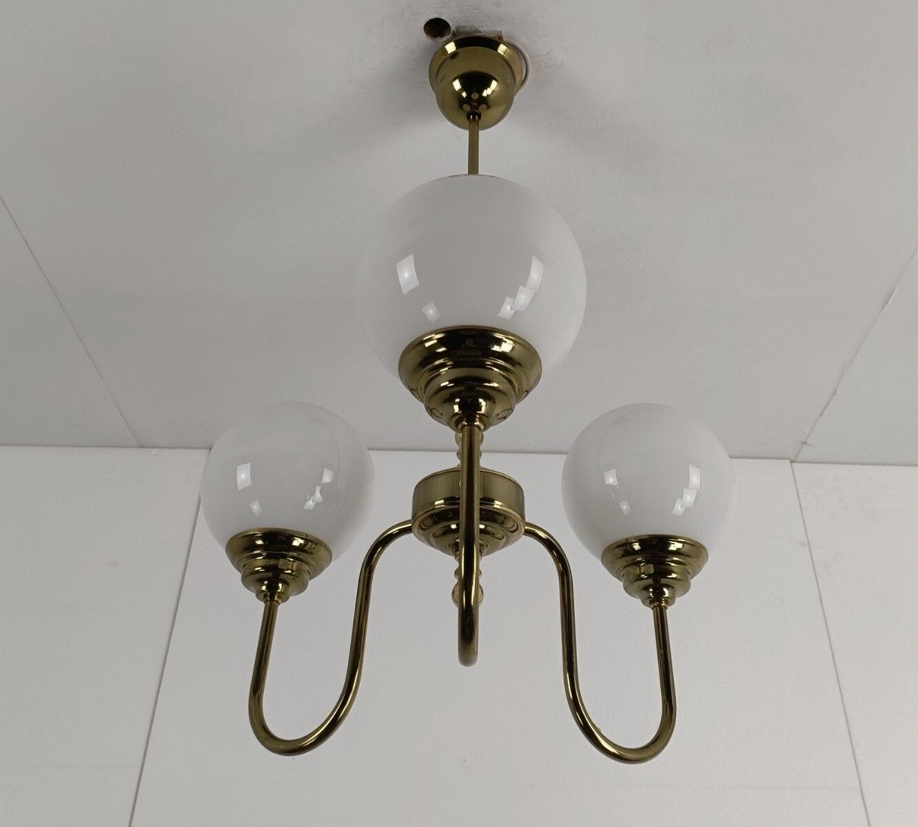 Chandelier Light Fixture Mid Century Modern 3 Arm Glass White Ball Shades Modern photo for sale