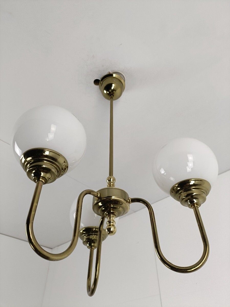 Chandelier Light Fixture Mid Century Modern 3 Arm Glass White Ball Shades Modern photo vinterior