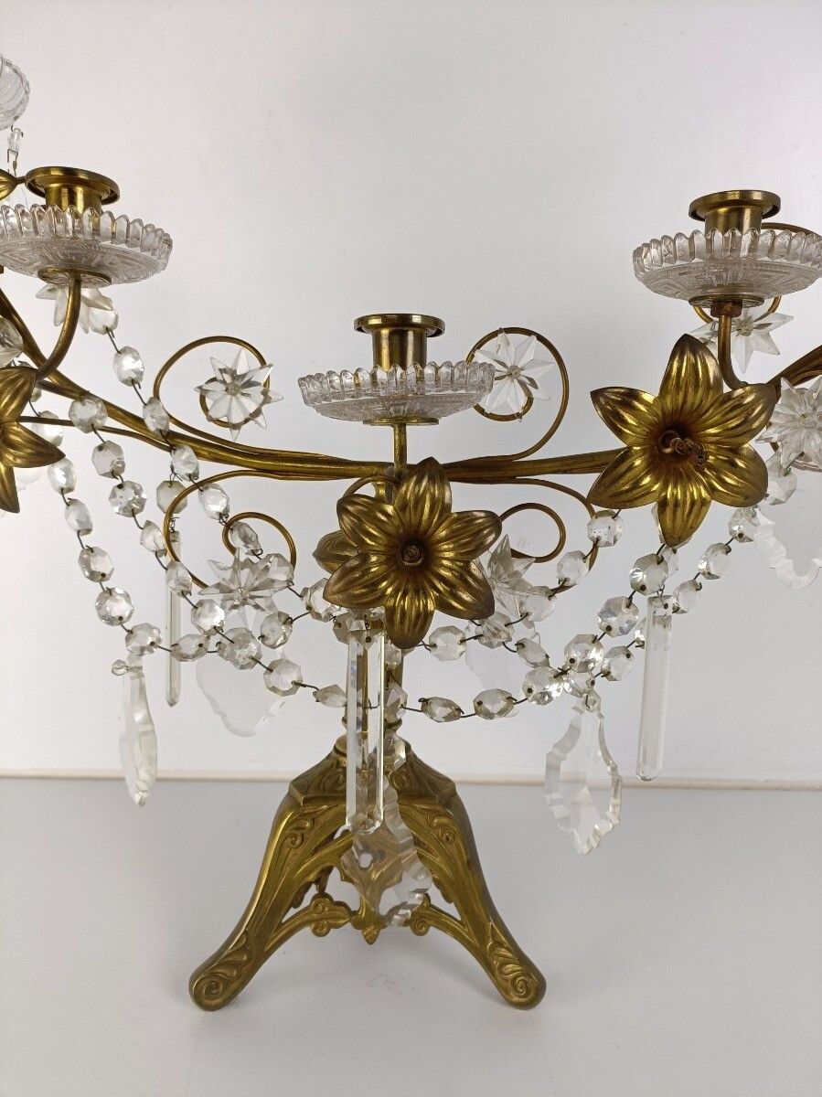 Antique Brass Hollywood Regency Floral Candle Holder Candelabra Church Crystal P photo 485.0