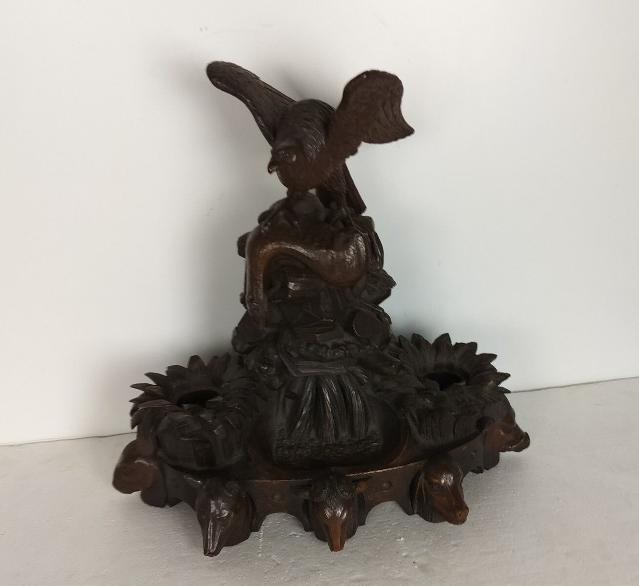 Antique Large Rare Black Forest Wood Carving Inkwell Eagle Forest Animals Stunni photo furniture