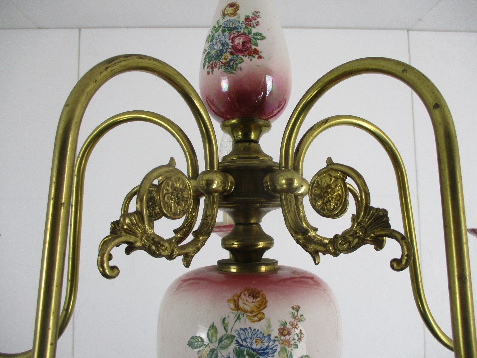 Chandelier 6 Arms Lights Ceramic Porcelain  Pink Flowers  Mid Century Italy photo buy