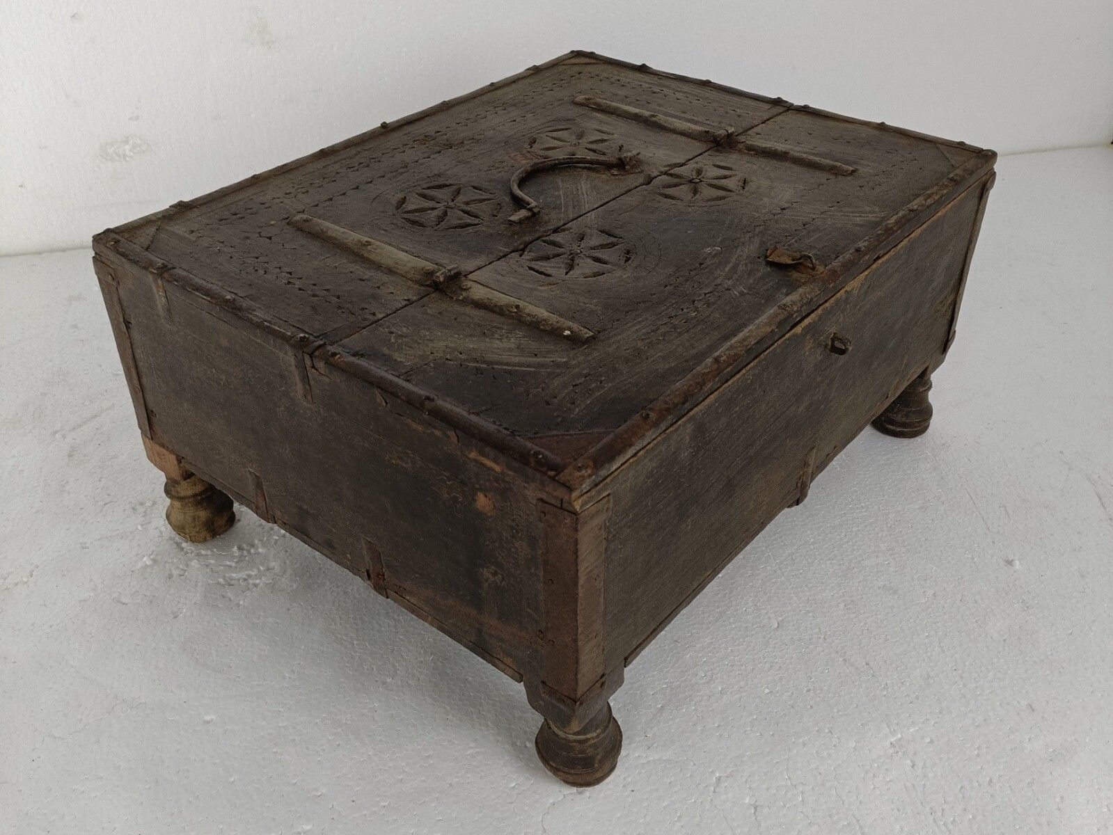 Antique Rajasthani Footed Chest Box India 1900's Spice Salt Box Ornate Carved Wo photo vintage