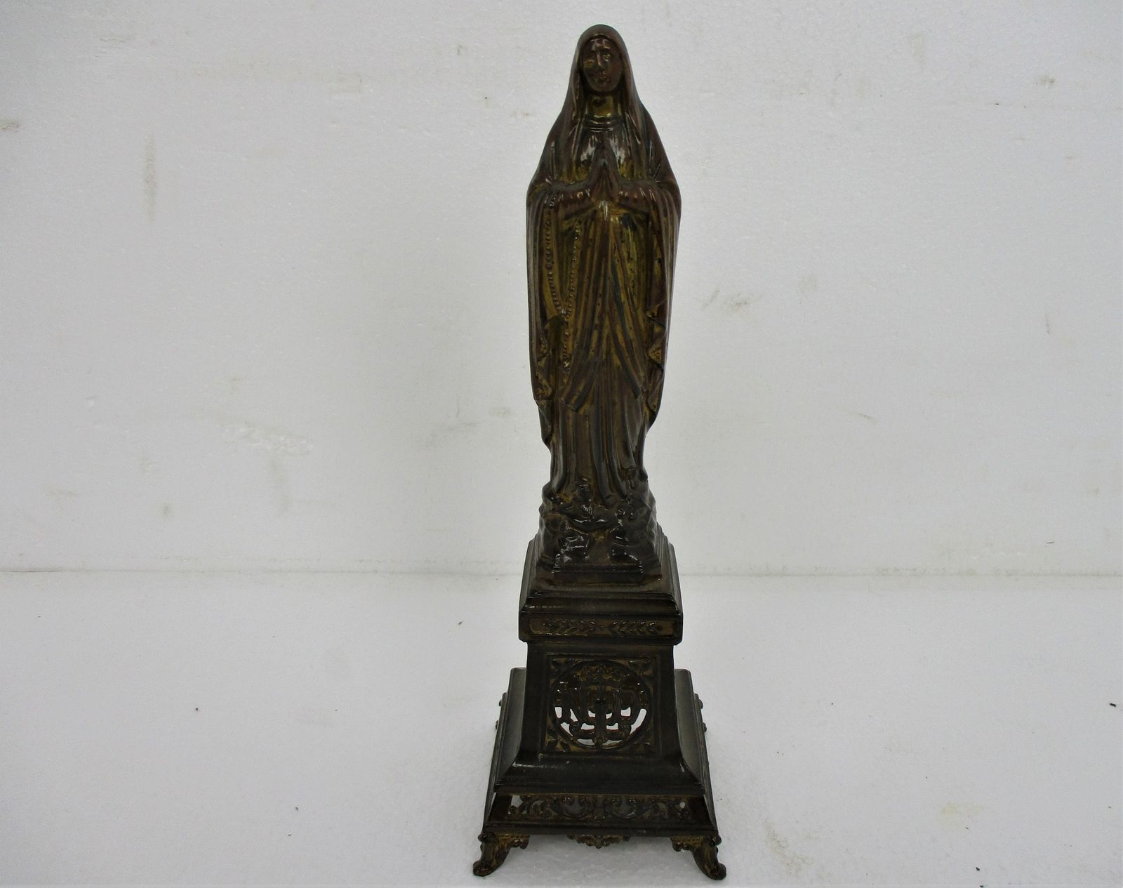 Statue Virgin Mary Our Lady Madonna Infant Jesus Christ Statue Rare Brass On Bas photo furniture