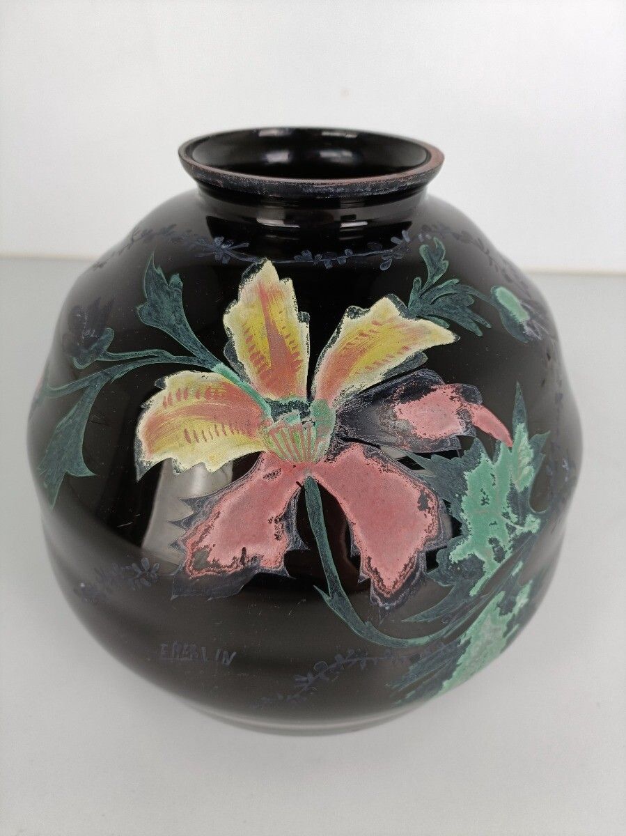 Art Deco Art Glass Vase Booms Glass, Belgium Signed F Merlin Hand Painted Flower photo vinterior
