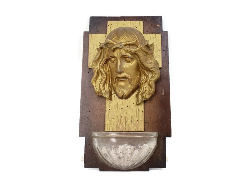 Large Holy Water Font Glass Wooden Back Jesus Head Of Thorns Art Deco Spelter Wa