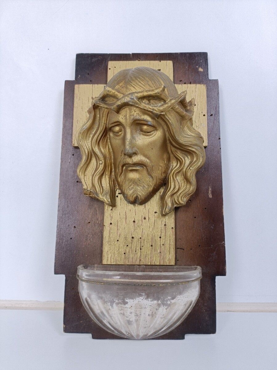 Large Holy Water Font Glass Wooden Back Jesus Head Of Thorns Art Deco Spelter Wa photo furniture