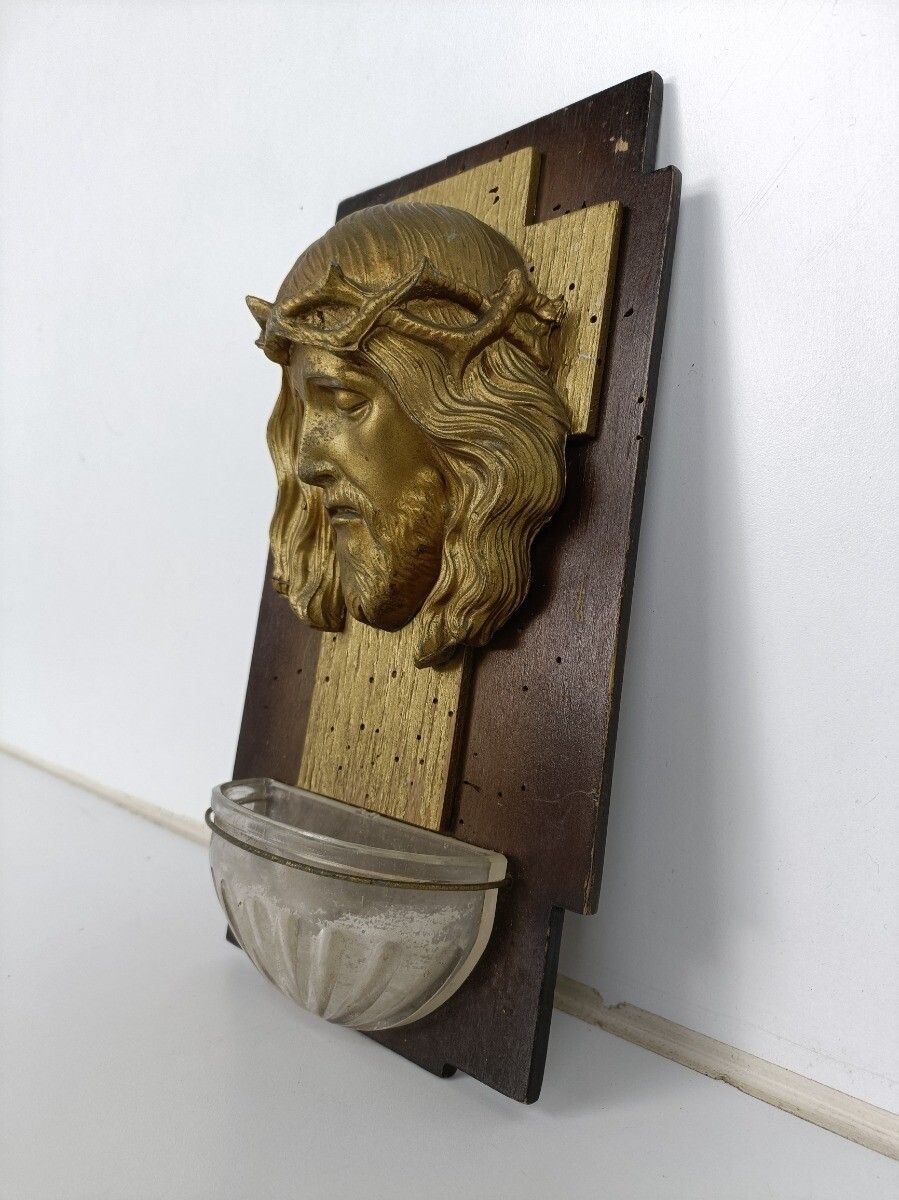 Large Holy Water Font Glass Wooden Back Jesus Head Of Thorns Art Deco Spelter Wa photo for sale