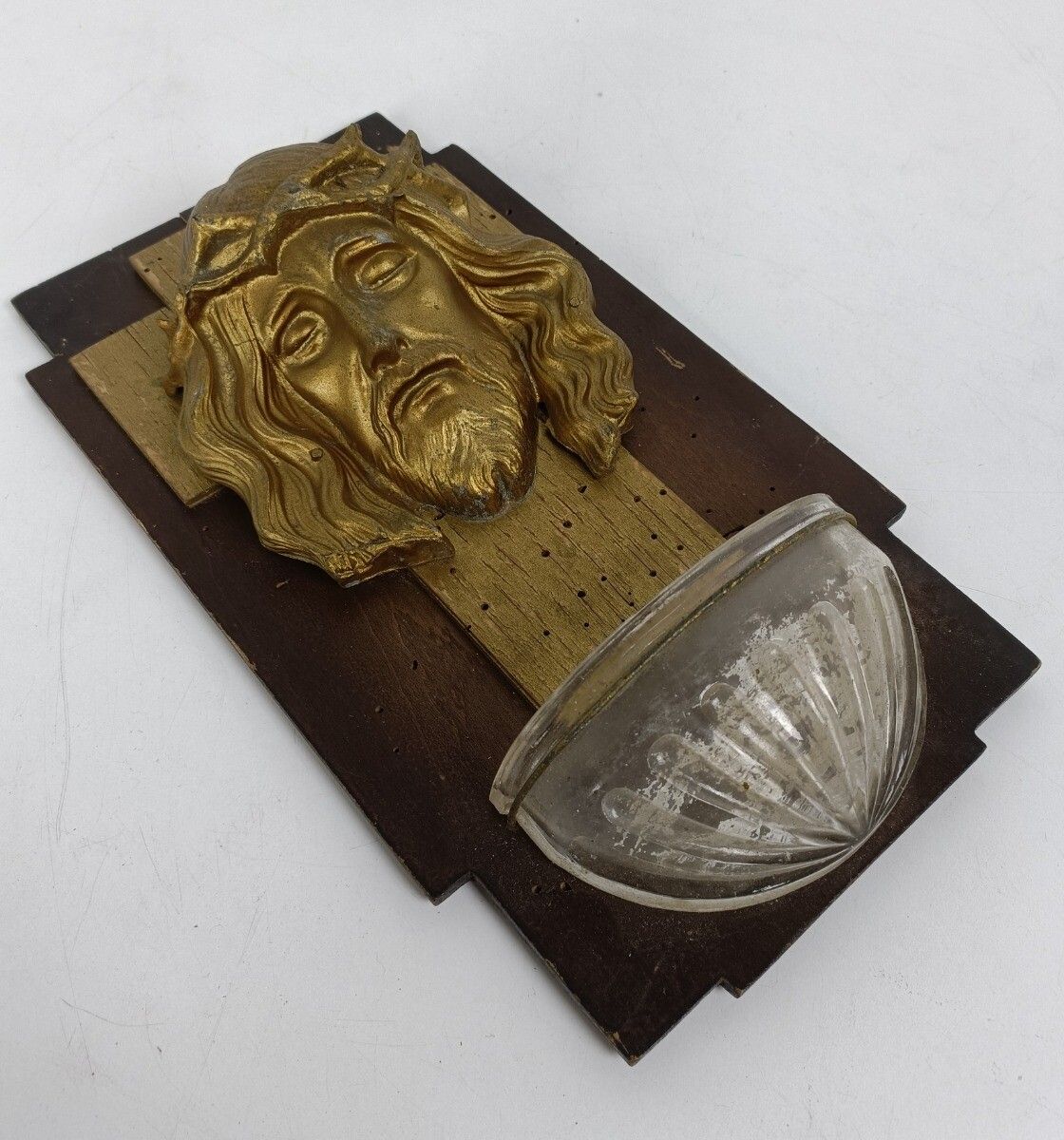 Large Holy Water Font Glass Wooden Back Jesus Head Of Thorns Art Deco Spelter Wa photo buy