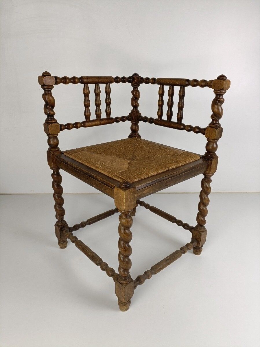 Twisted Wooden Barley Twist Corner Chair Rush Seating Hobnails Edwardian Gorgeou photo furniture