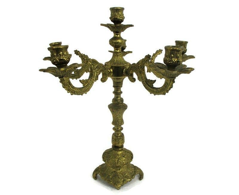 Gorgeous Brass Ornate Embossed Candle Holder Stick Candelabra 5 Arm Flowers Love