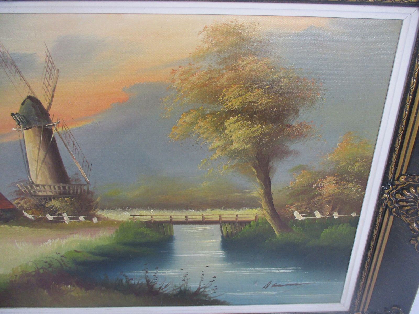 Oil Painting Canvas Framed Landscape Farm Windmill Creek Peaceful Signed photo Art