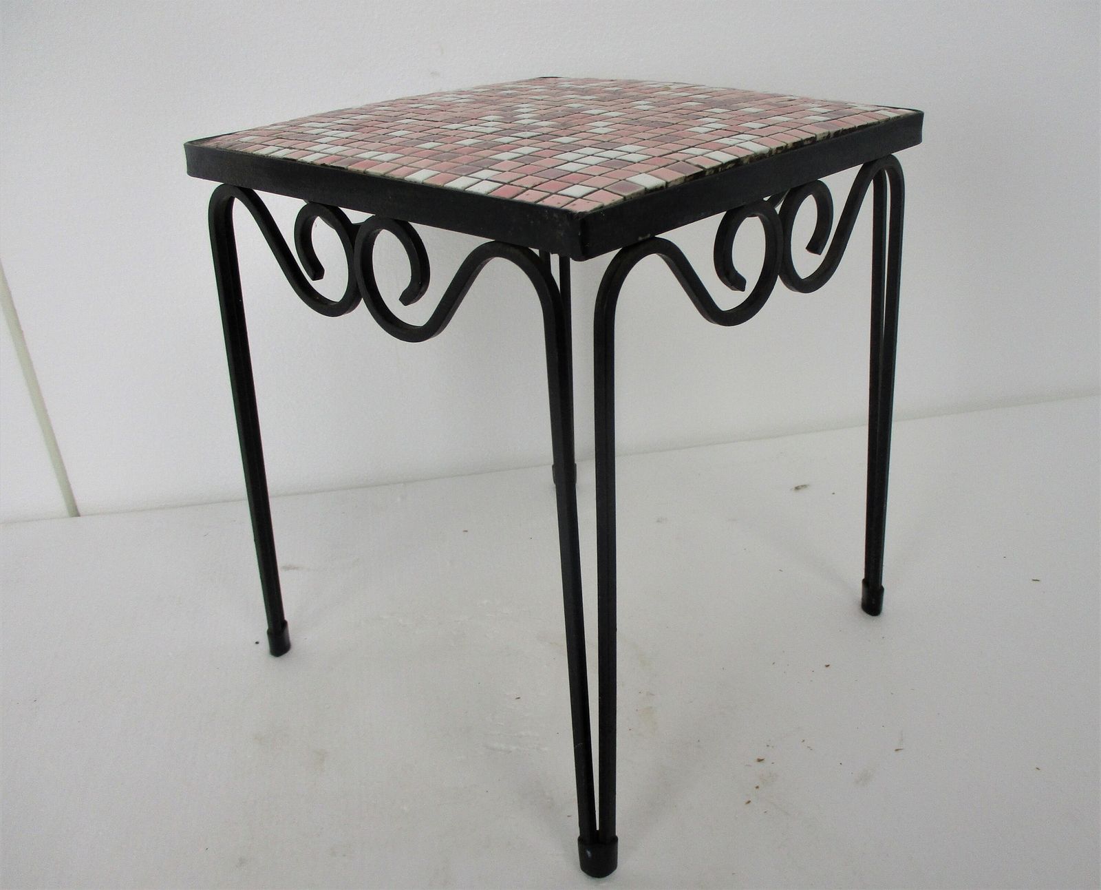 Vintage Small Side Table Plant Stand Mosaic Tiles Checkered Pattern Wrought Iron photo for sale