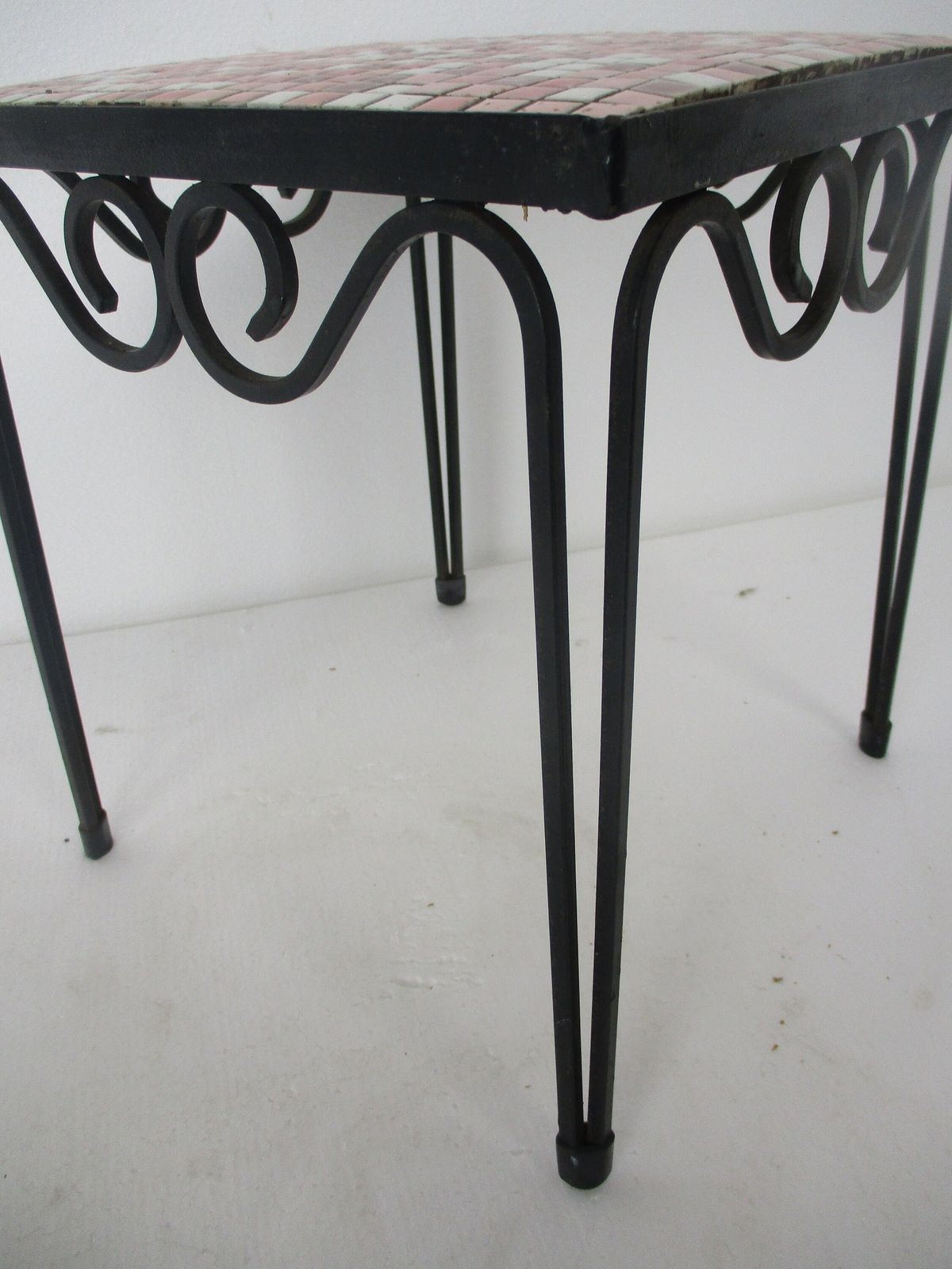 Vintage Small Side Table Plant Stand Mosaic Tiles Checkered Pattern Wrought Iron photo Furniture