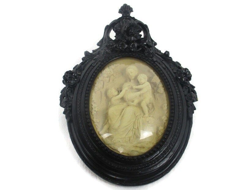 19th C Antique  Hand Made Black Forest Convex Glass Wow Meerschaum Virgin Mary W