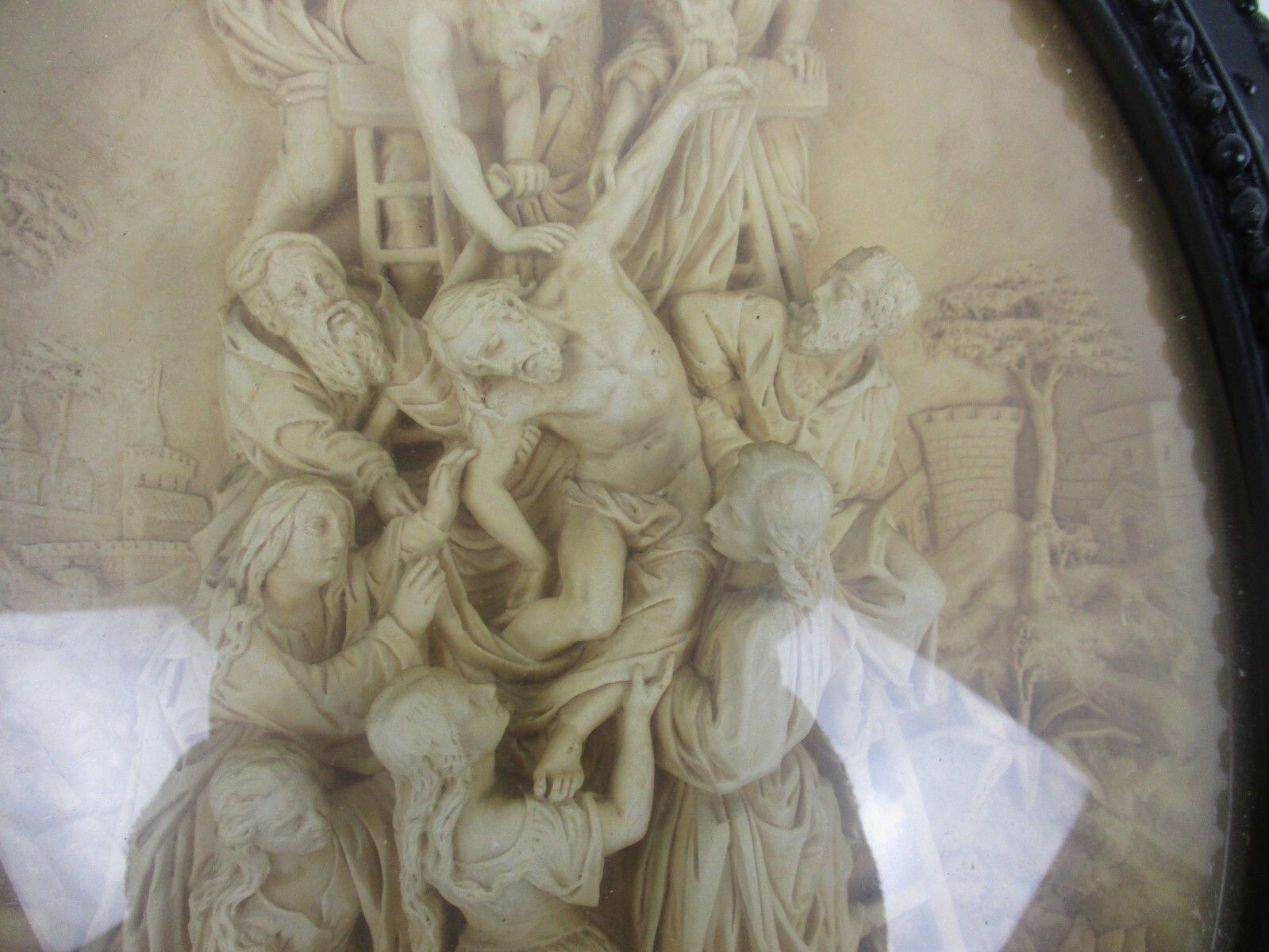 Antique Ornate Frame  Convex Glass Dome  Wood Jesus Taken Off The Cross Wow photo for sale