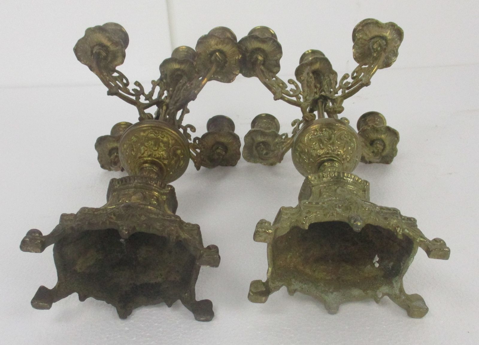 Pair Couple Antique  Gorgeous Brass Ornate Embossed 5 Arm Candle Holder Sticks C photo buy