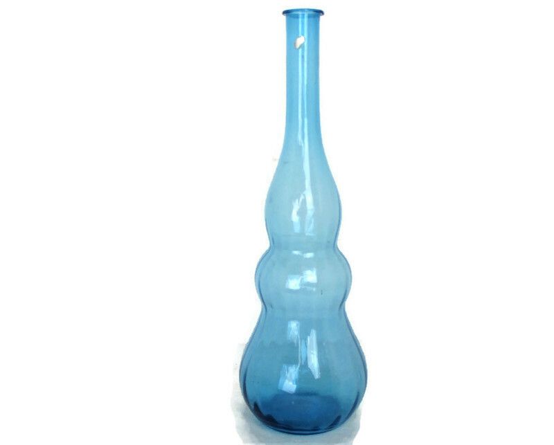 Vintage Retro Hooped  Glass Genie Bottle Vase Blue  Extremely Htf Funky Large