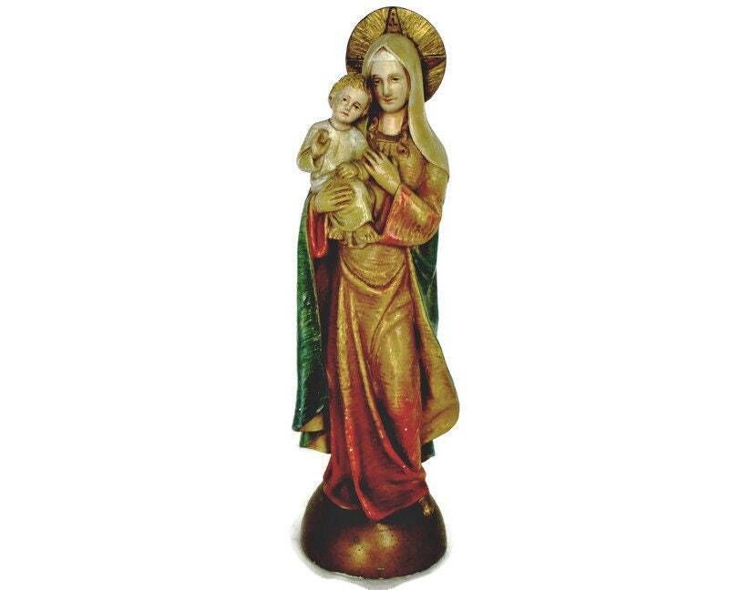 Vintage Our Lady Madonna Virgin Mary Infant Child Plaster Polychrome Beautiful 1