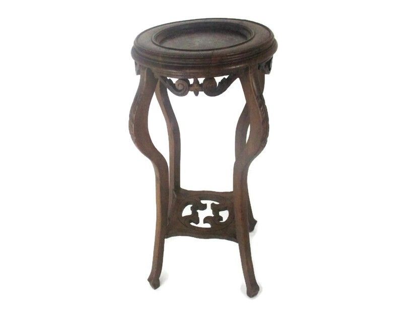 Large Carved Wood Marble Tops 2 Tier Plant Flower Bonsai Stand Pedestal Antique