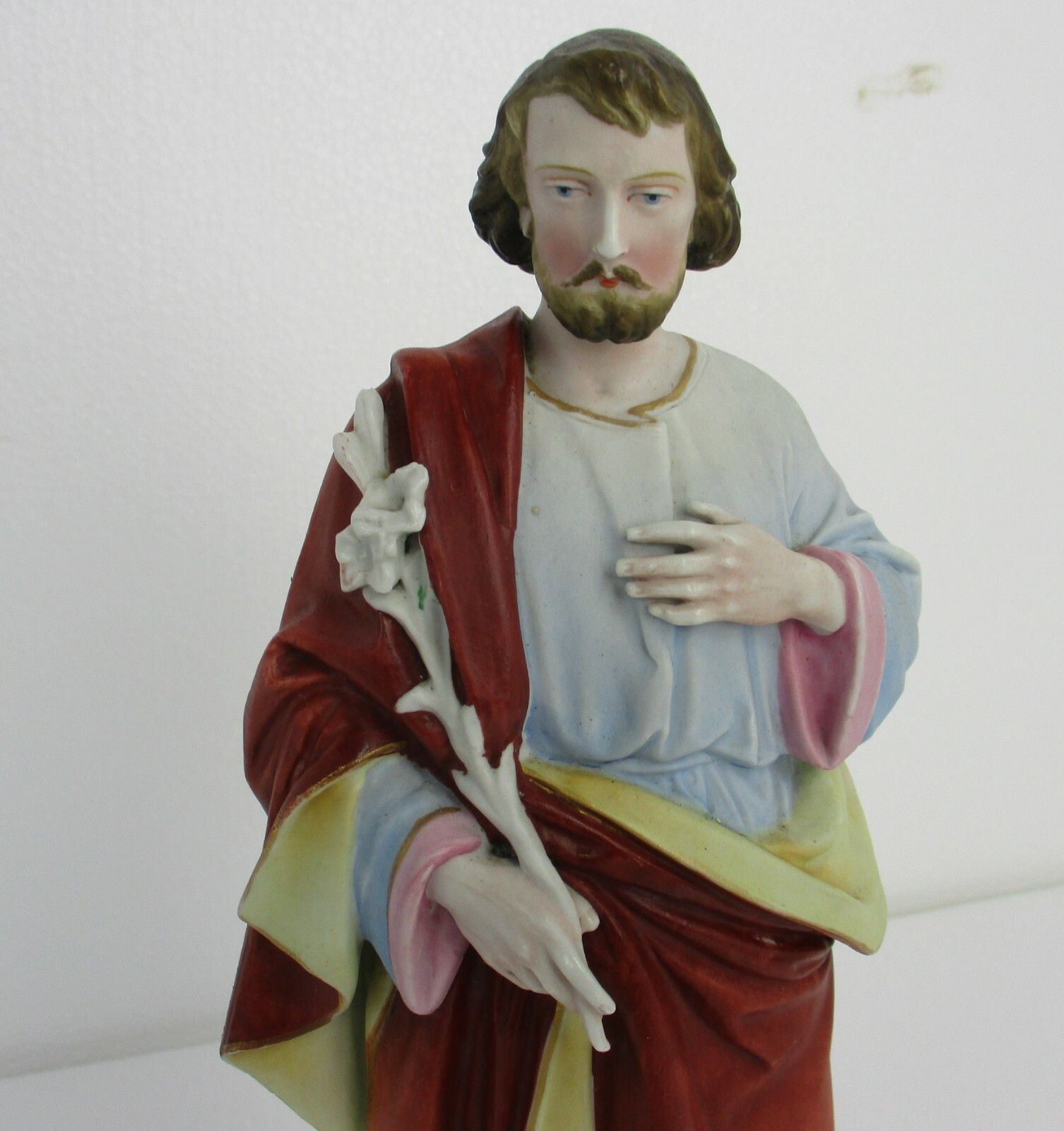 Antique Statue Saint Joseph Protector Of Homes  Bisque  Porcelain  Polychrome photo furniture