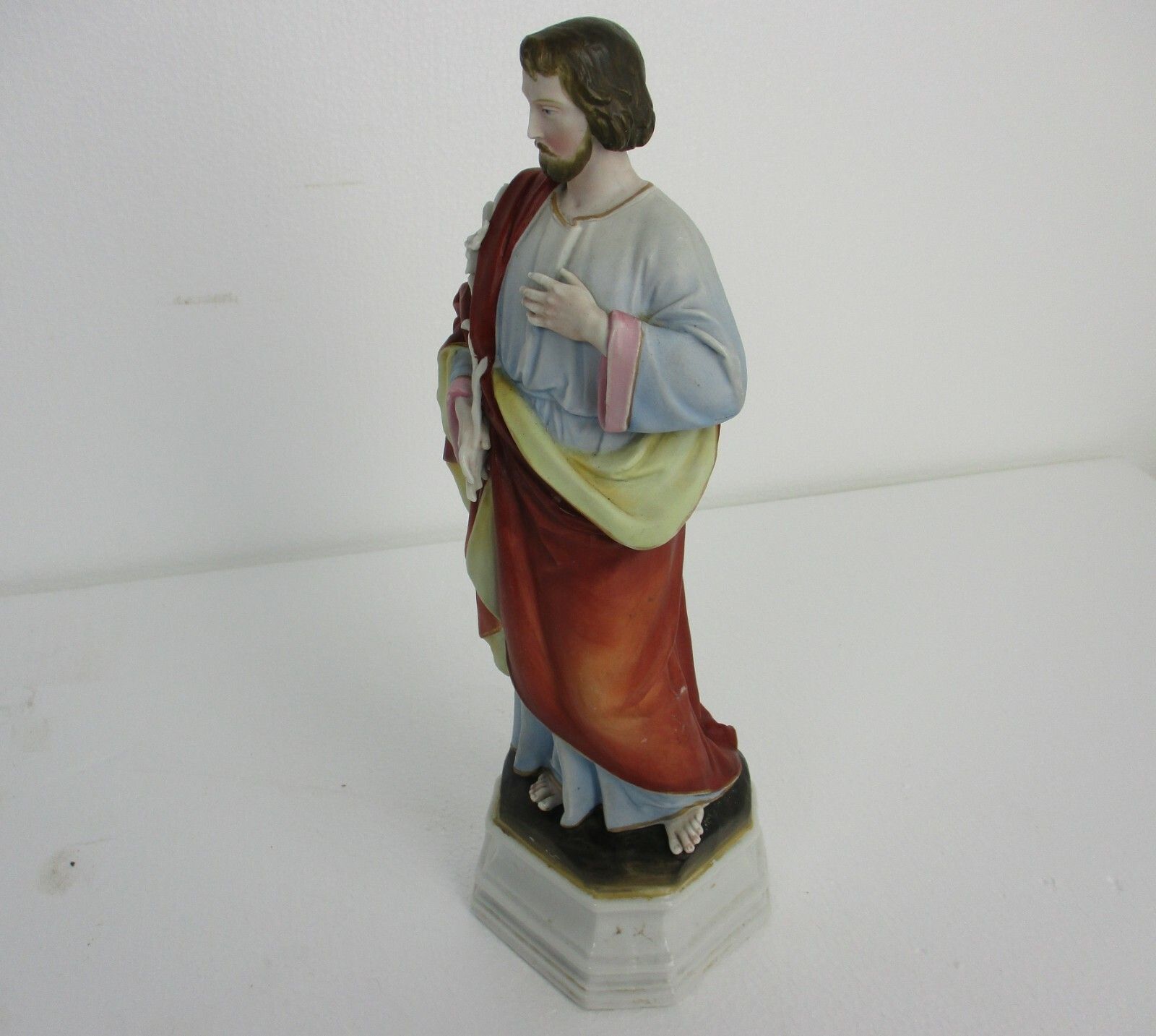 Antique Statue Saint Joseph Protector Of Homes  Bisque  Porcelain  Polychrome photo Art