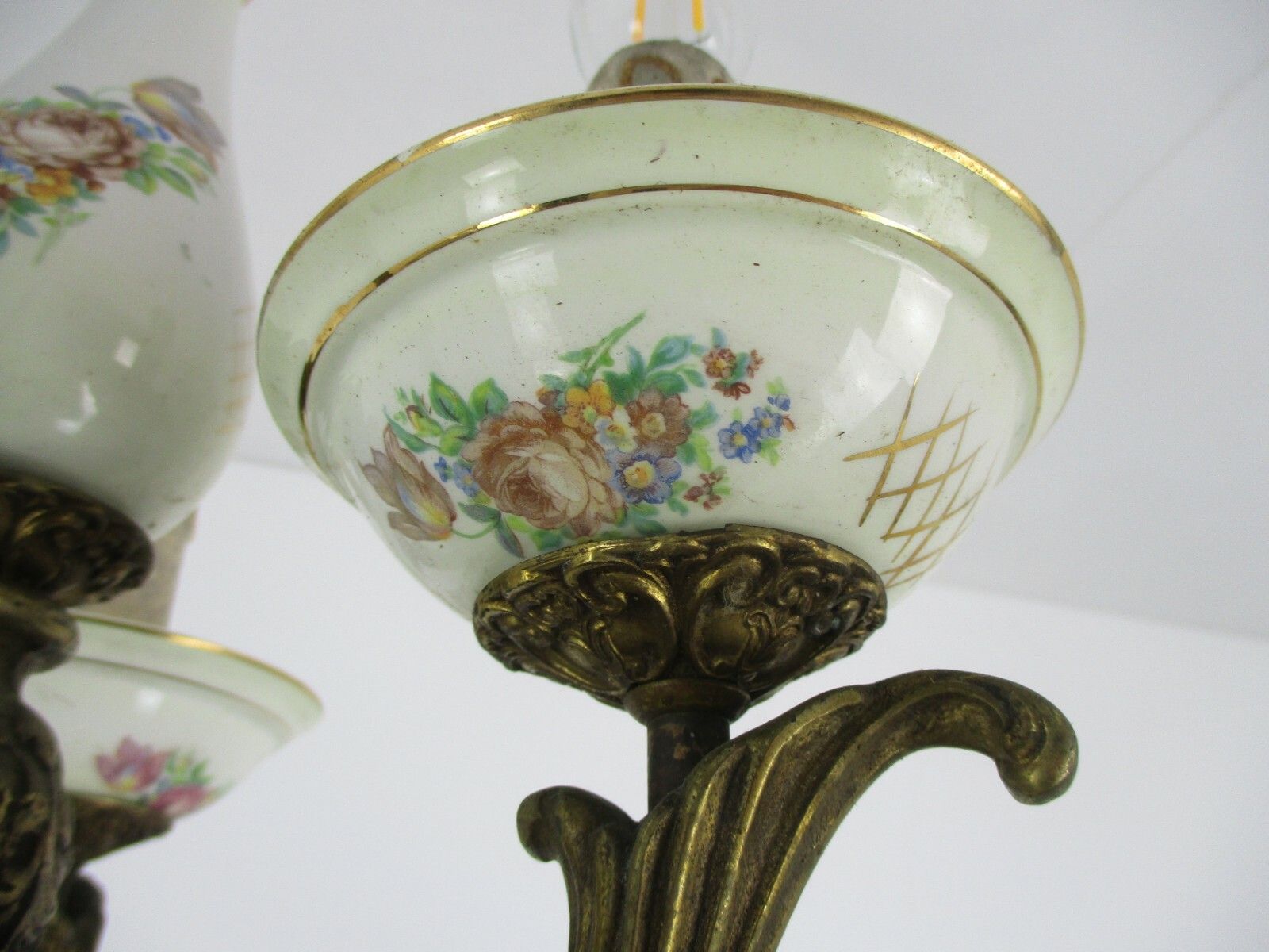 Small Chandelier Ceramic Bronze 3 Lights Arms Italian Style Hollywood Regency photo vinterior