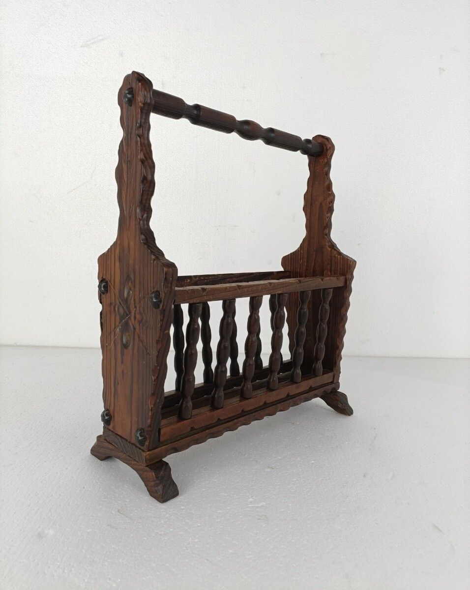 Vintage Spanish Wooden Magazine Newspaper Rack Holder Barn Country Style  Hand C photo for sale