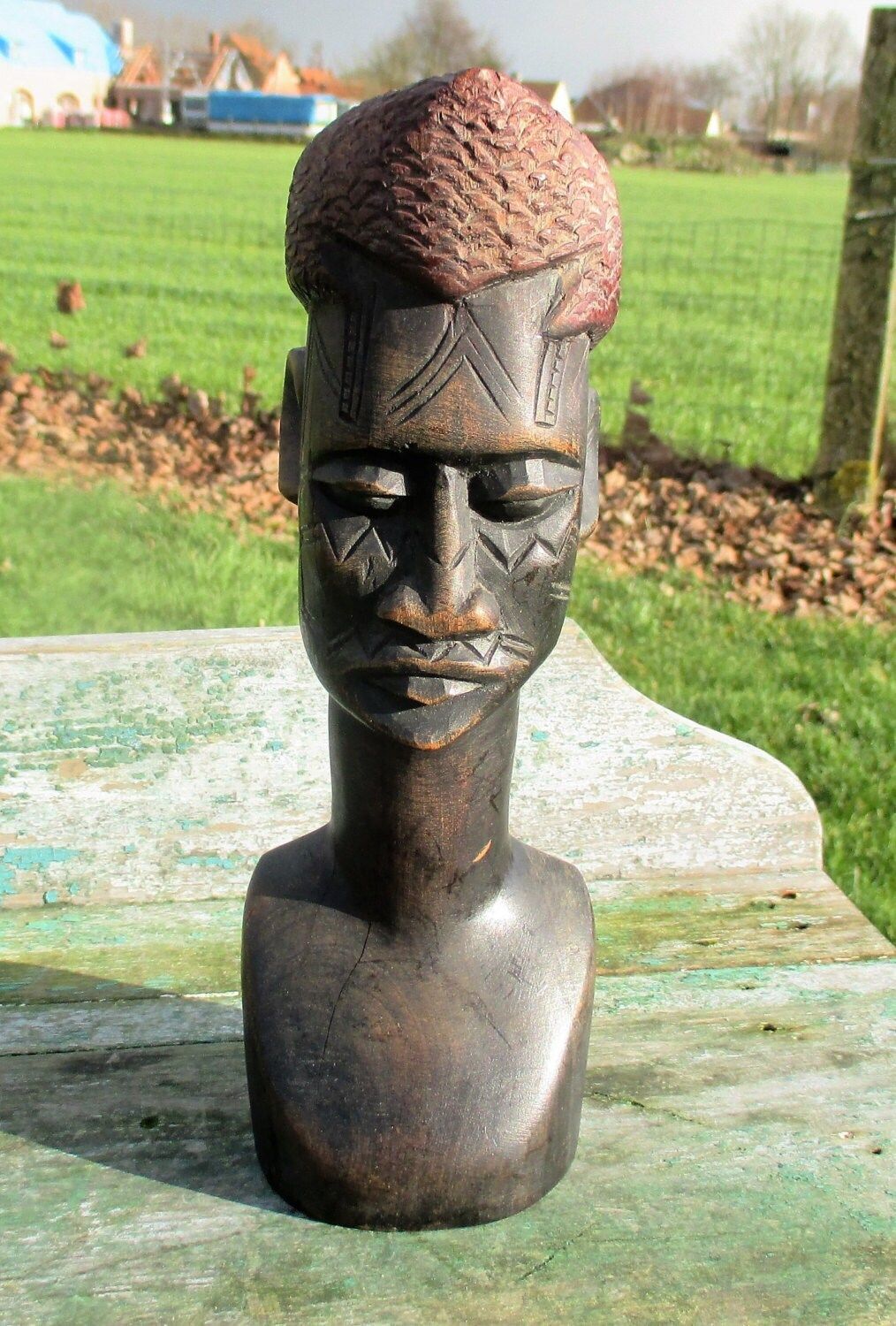 Vintage African Statue Hand Made Carved Wood Tribal Art Man Red Head