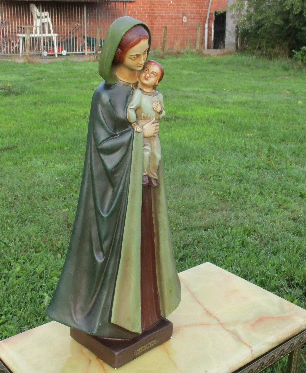 L Polychrome Virgin Mary Our Lady Of Flanders Madonna Infant Plaster Statue  21" photo for sale