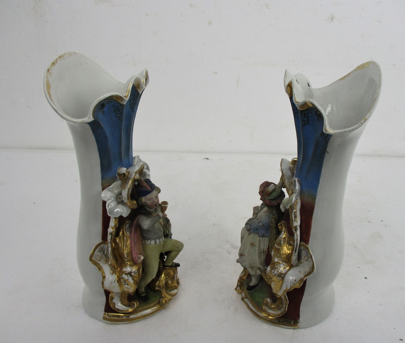 Stunning Pair Large Antique Vieux Paris Porcelain Flair Cornet Vases Porcelain F photo vintage