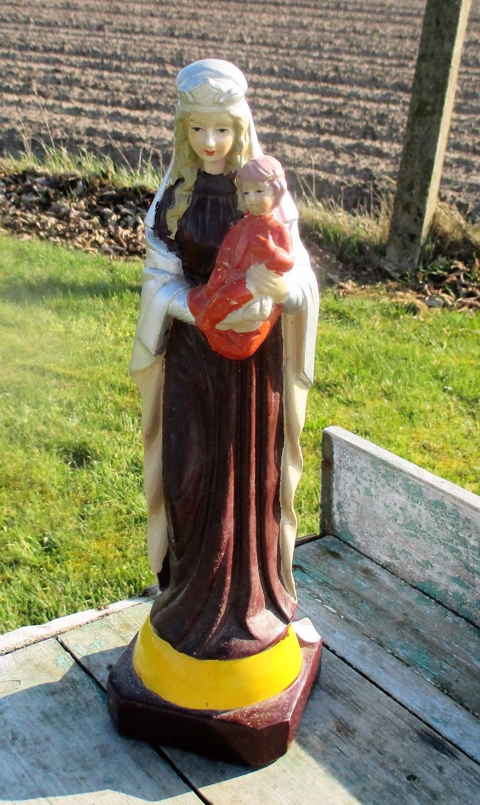 Vintage Virgin Mary Madonna With Child Porcelain Statue Catholic Lovely 14.56" photo furniture