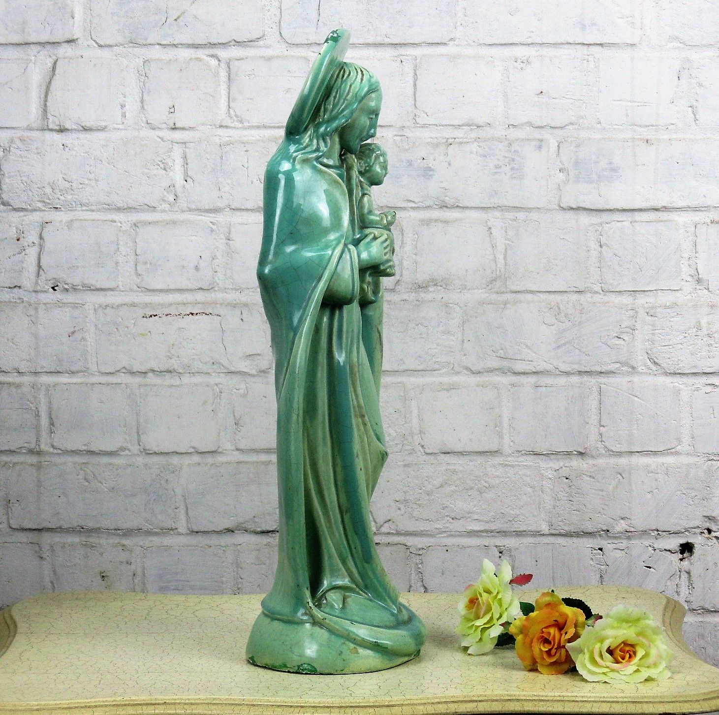 Statue Flemish Pottery Poterie Flamande Madonna Virgin Mary Infant Child 20.47" photo furniture