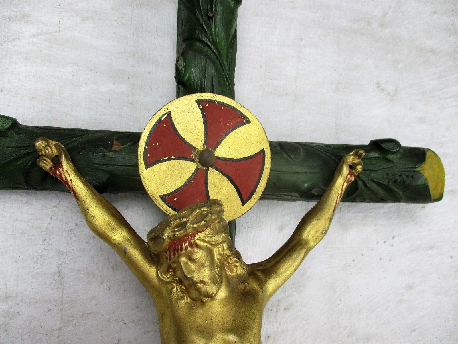 Large Polychrome Hanging Wall Crucifix Wood Brass Corpus Jesus Christ Htf 25.19" photo furniture