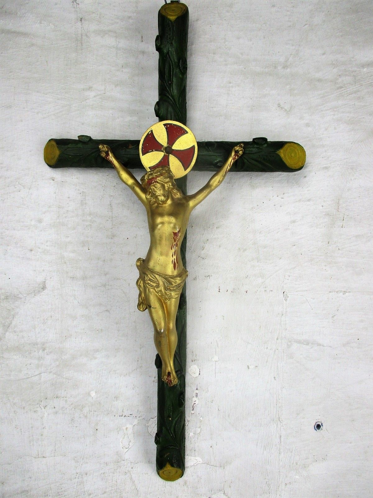 Large Polychrome Hanging Wall Crucifix Wood Brass Corpus Jesus Christ Htf 25.19" photo vinterior
